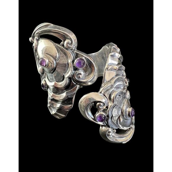 Margot De Taxco Mexico Sterling Silver Amethyst Koi Fish Clamper Bracelet #5207 - Picture 4 of 13